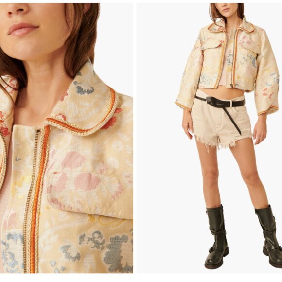 Free People Margot Floral Embroidered Crop Jacket – Golden Wheat Combo – Size XL - Picture 3 of 5
